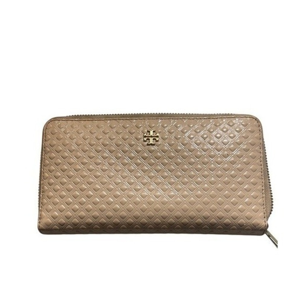 Tory‎ Burch Quilted Embossed Patent Leather Zip Around Wallet Beige